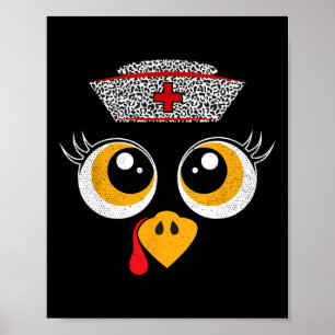 Thanksgiving Scrub Tops Women Turkey Face Nurse Ho Poster