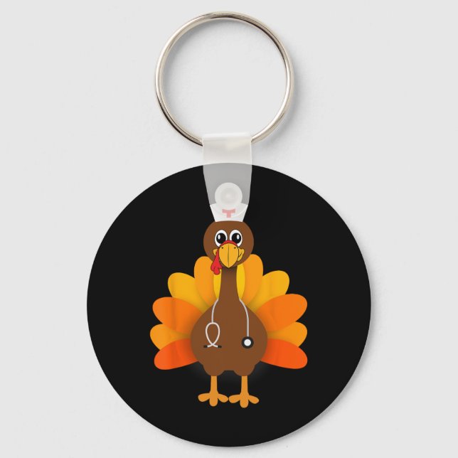 Thanksgiving Scrub Tops Women Turkey Nurse Holiday Key Ring (Front)