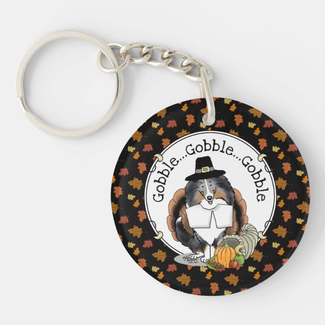 Thanksgiving Shetland Sheepdog (blue merle) Funny Key Ring (Front)