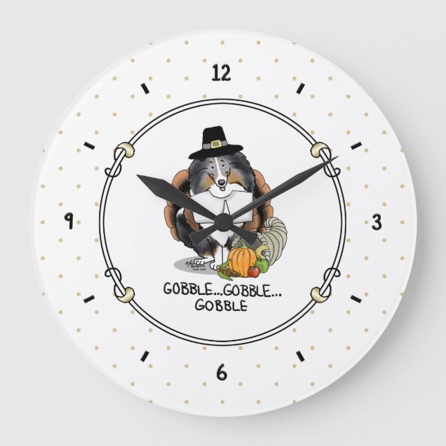 Thanksgiving Shetland Sheepdog (blue merle) Funny Large Clock (Front)