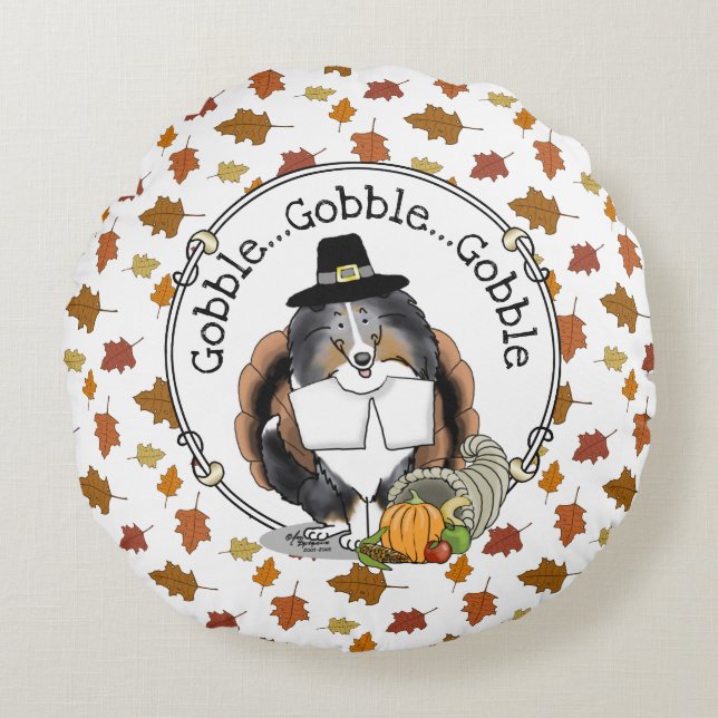 Thanksgiving Shetland Sheepdog (blue merle) Funny Round Cushion (Front)