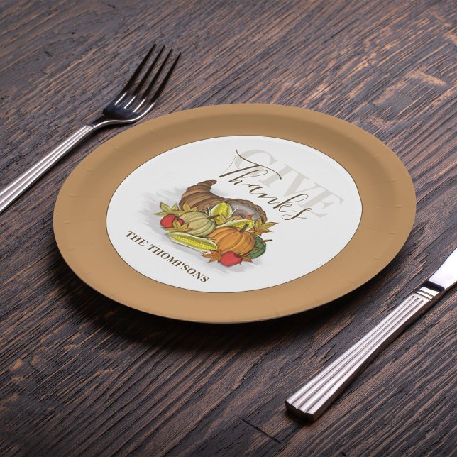 Thanksgiving Simple Cornucopia Elegant Give Thanks Paper Plate (Creator Uploaded)