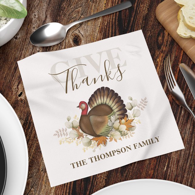 Thanksgiving Simple Turkey Elegant Give Thanks Napkin (Give thanks Holiday thanksgiving napkin.)