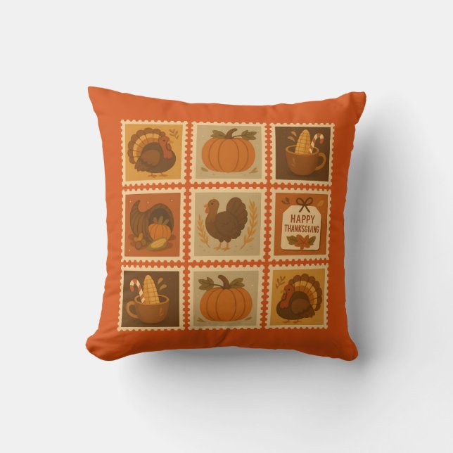 Thanksgiving Stamp Collage Decorative Cushion (Front)