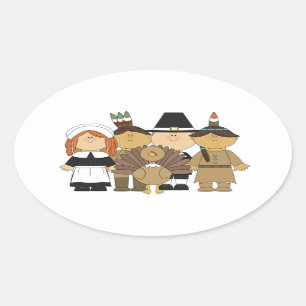 Thanksgiving Stickers/Pilgrims and Indians Oval Sticker