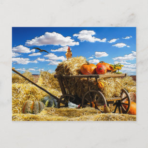 Thanksgiving Straw Wagon in the Field Holiday Postcard