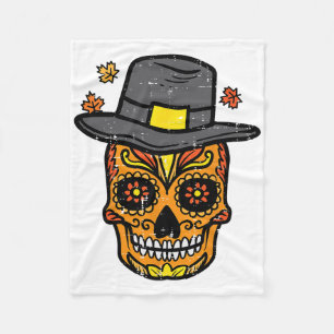 Thanksgiving Sugar Skull Pilgrim Fall Mexican Men Fleece Blanket