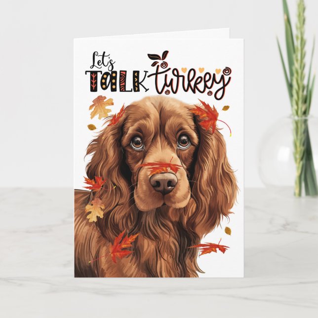Thanksgiving Sussex Spaniel Let's Talk Turkey Holiday Card (Front)