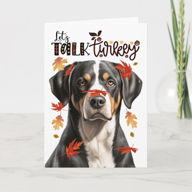 Thanksgiving Swiss Mountain Dog Let's Talk Turkey Holiday Card (Front)