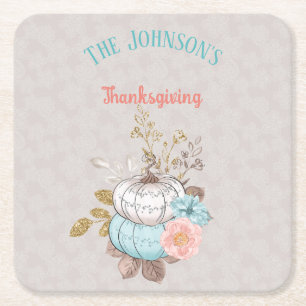 Thanksgiving Taupe Aqua Coral Pumpkins Turkey Square Paper Coaster
