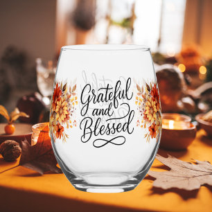 Thanksgiving Thankful Blessed fall florals Stemless Wine Glass