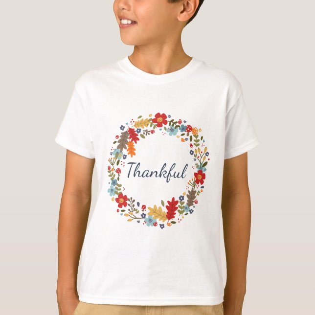 Thanksgiving Thankful Fall Wreath Kids Holiday T-Shirt (Front)