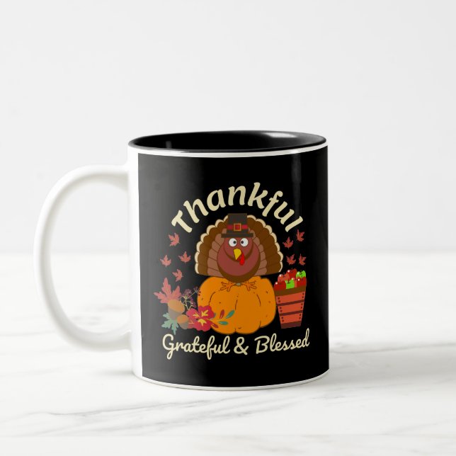 Thanksgiving Thankful Grateful & Blessed Two-Tone Coffee Mug (Left)