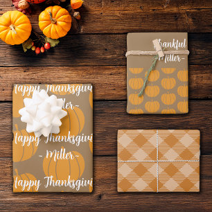 Thanksgiving Thankful Plaids Custom Name Wrapping Paper Sheet