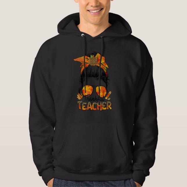 Thanksgiving Thankful Teacher Messy Bun Leopard Hoodie (Front)