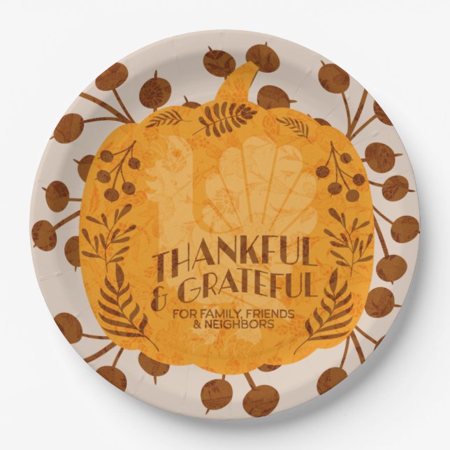 Thanksgiving Thankful Turkey Pumpkin Greenery    Paper Plate (Front)