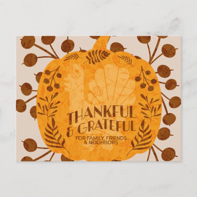 Thanksgiving Thankful Turkey Pumpkin Greenery Postcard (Front)