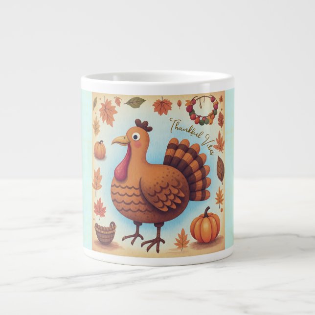 Thanksgiving,Thankful Vibes,Cute Turkey Large Coffee Mug (Front)