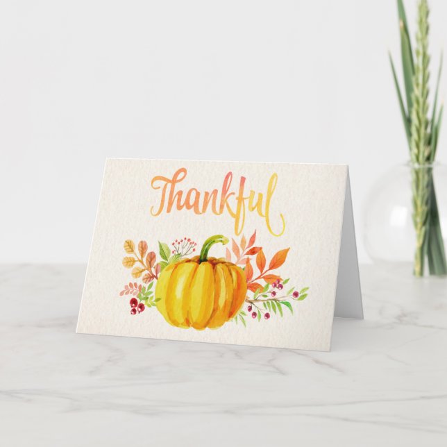 Thanksgiving "Thankful" Watercolors Holiday Card (Front)