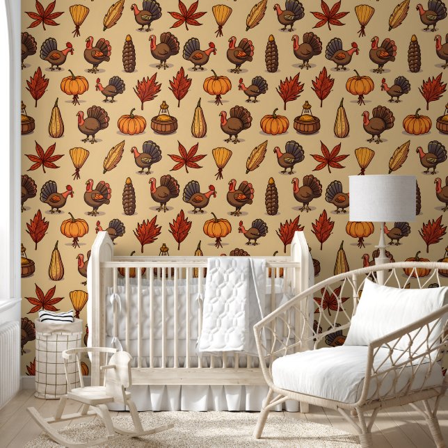 Thanksgiving Theme Turkey and Autumn Element Patte Wallpaper (Kids)