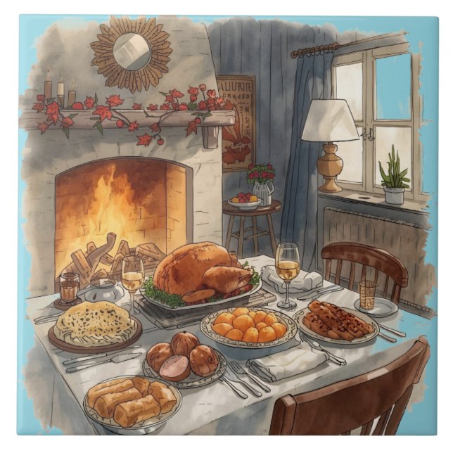 Thanksgiving,Traditional dishes, Autumn Table,  Ceramic Tile (Front)