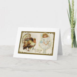 Thanksgiving Turkey and Little Girl Greeting Card