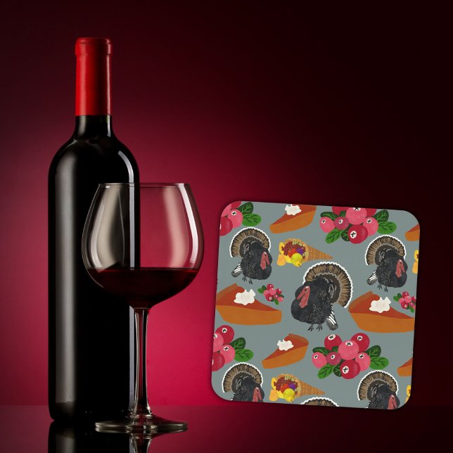 Thanksgiving Turkey and Pumpkin Pie Square Paper Coaster (Creator Uploaded)