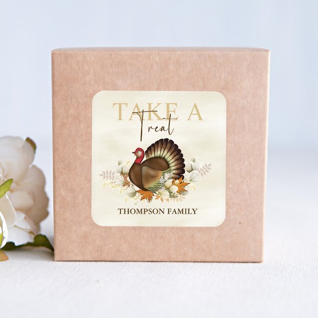Thanksgiving Turkey Bird Greenery Take A Treat Square Sticker (Take a treat Thanksgiving turkey custom square sticker. )