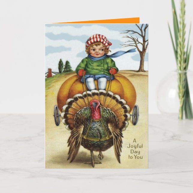 Thanksgiving Turkey Boy Riding Pumpkin Holiday Card (Front)