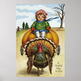 Thanksgiving Turkey Boy Riding Pumpkin Poster