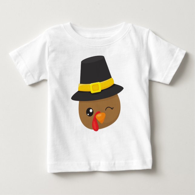 Thanksgiving Turkey, Brown Turkey, Pilgrim Hat Baby T-Shirt (Front)