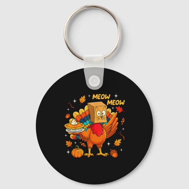 Thanksgiving Turkey Cat Meow Autumn Pumpkin Women  Key Ring (Front)