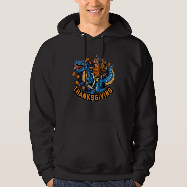 Thanksgiving Turkey Chicken riding dinosaurs Hoodie (Front)