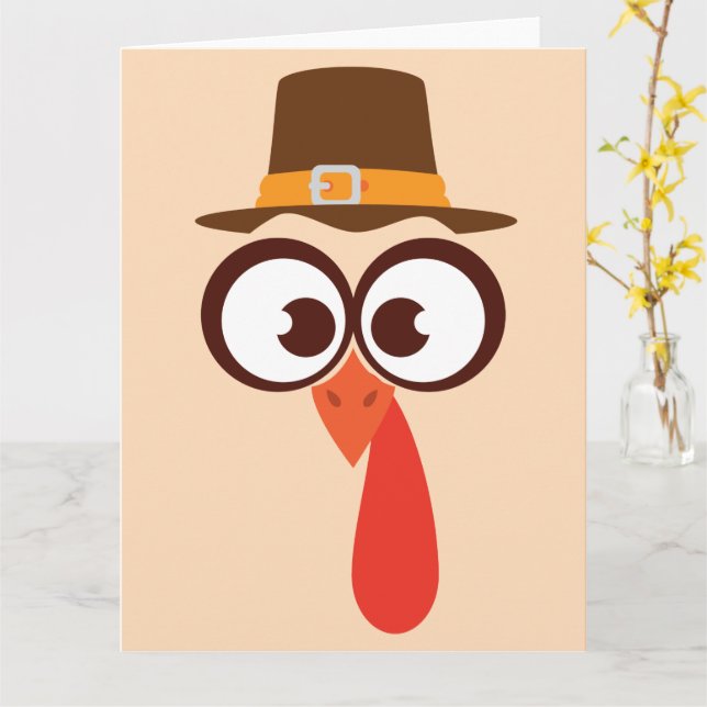 Thanksgiving Turkey Cute Funny Silly Face Cartoon Card (Yellow Flower)