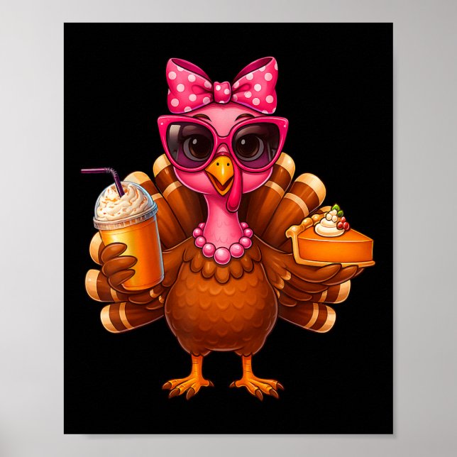 Thanksgiving Turkey Drinking Coffee Bow Pie Turkey Poster (Front)