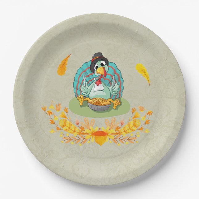 Thanksgiving Turkey Eating Pumpkin Pie Paper Plate (Front)