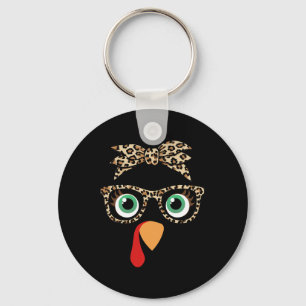 Thanksgiving Turkey Face Girl Leopard Bow And Gles Key Ring