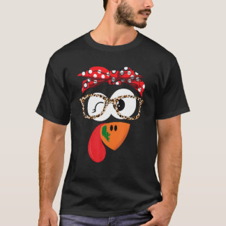 Thanksgiving Turkey Face Leopard Print Glasses Wom T-Shirt