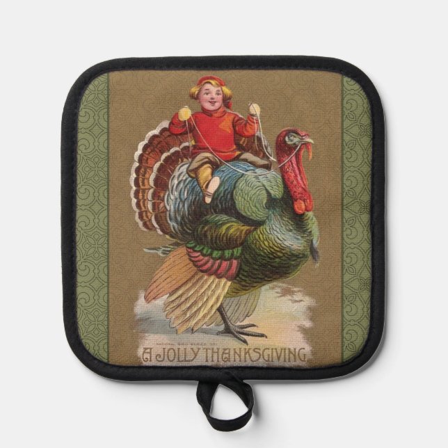 Thanksgiving Turkey Funny Vintage Greetings Pot Holder (Front)
