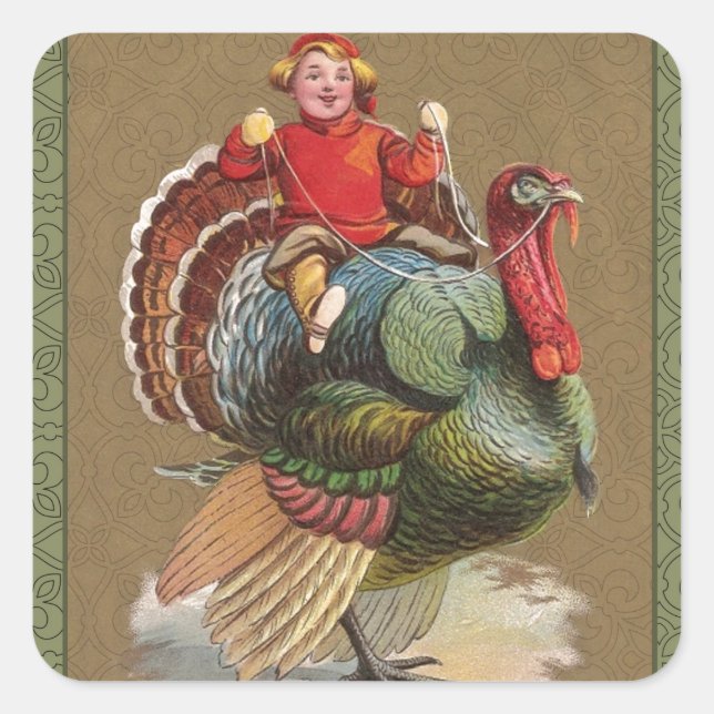 Thanksgiving Turkey Funny Vintage Greetings Square Sticker (Front)