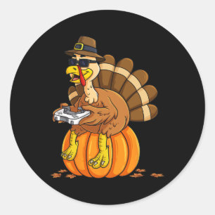 Thanksgiving Turkey Gamer Pumpkin Boys Kids Teens  Classic Round Sticker