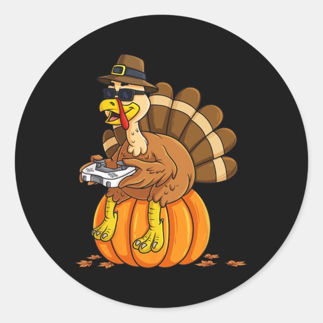 Thanksgiving Turkey Gamer Pumpkin Boys Kids Teens  Classic Round Sticker (Front)