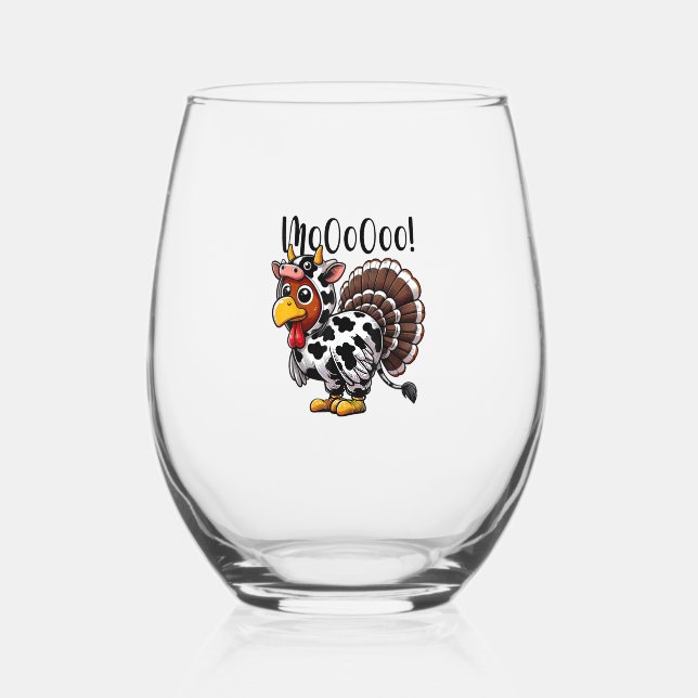 Thanksgiving Turkey Moo Cow Head Funny Fall Men Wo Stemless Wine Glass (Front)