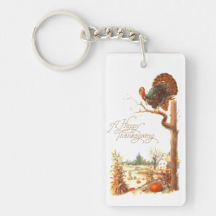 Thanksgiving Turkey on Tree Branch Vintage Key Ring