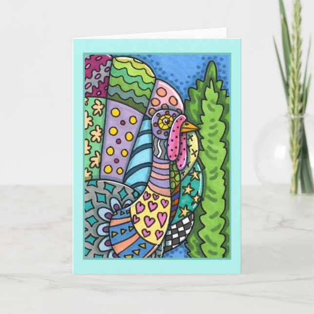 THANKSGIVING TURKEY, PATCHWORK FEATHERS, FOLK ART CARD (Front)