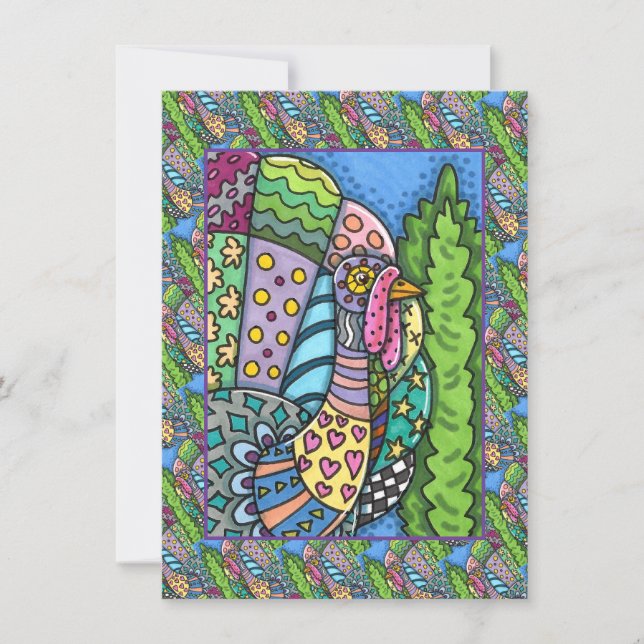 THANKSGIVING TURKEY, PATCHWORK FEATHERS, FOLK ART CARD (Front)