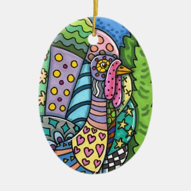 THANKSGIVING TURKEY, PATCHWORK FEATHERS, FOLK ART CERAMIC ORNAMENT (Front)