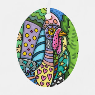 THANKSGIVING TURKEY, PATCHWORK FEATHERS, FOLK ART METAL TREE DECORATION