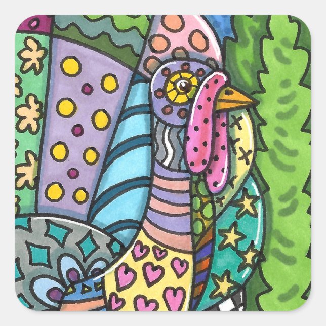 THANKSGIVING TURKEY, PATCHWORK FEATHERS, FOLK ART SQUARE STICKER (Front)