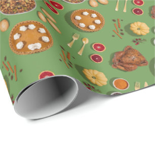 Thanksgiving Turkey Pumpkin Pie Green Orange Wrapping Paper